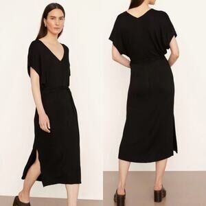 Vince Black V Neck Short Sleeve Belted Lagenlook Sheath Midi Dress Womens Large
